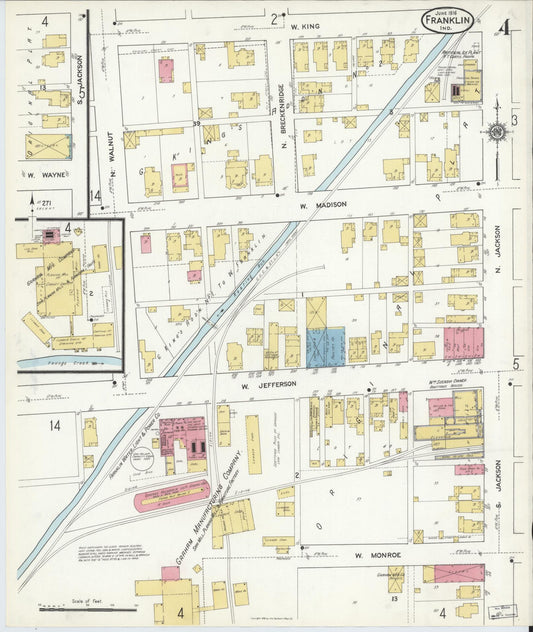 Sanborn Fire Insurance Map from Franklin, Johnson County, Indiana (1916), Sheet #0004 - Historic Sanborn Fire Insurance Map Print, vintage old map wall art, antique decor, genealogy gift, Indiana Indiana map