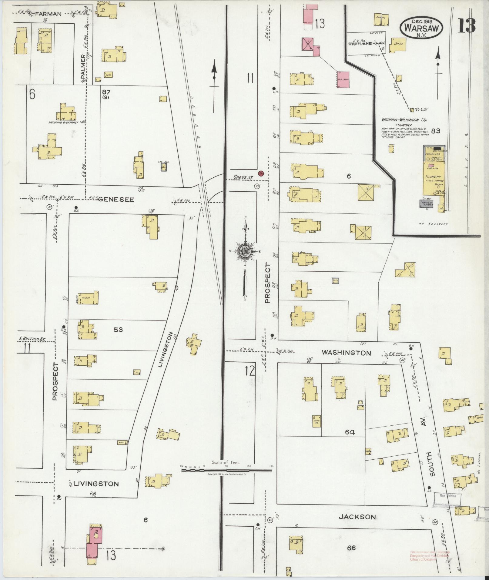 Sanborn Fire Insurance Map from Warsaw, Wyoming County, New York (1919), Sheet #0013 - Complete Map Set gallery image, historic Sanborn map, vintage wall art, Warsaw Wyoming
