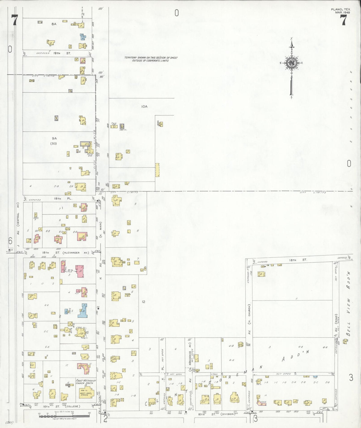 Sanborn Fire Insurance Map from Plano, Collin County, Texas (1949), Sheet #0007 - Complete Map Set gallery image, historic Sanborn map, vintage wall art, Texas Texas
