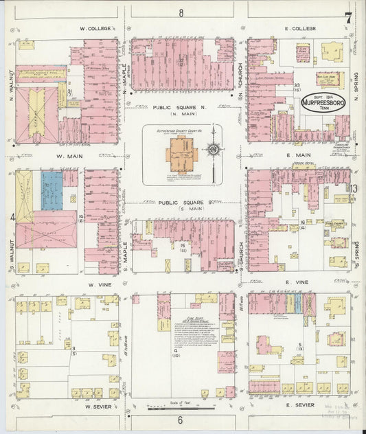 Sanborn Fire Insurance Map from Murfreesboro, Rutherford County, Tennessee (1914), Sheet #0007 - Historic Sanborn Fire Insurance Map Print, vintage old map wall art, antique decor, genealogy gift, Tennessee Tennessee map