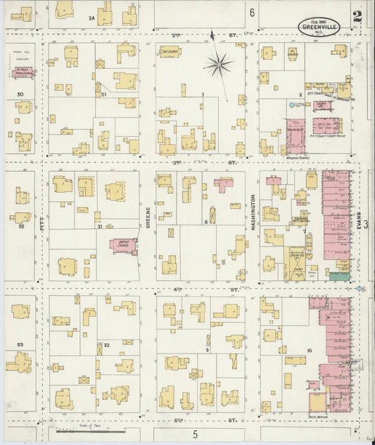 Sanborn Fire Insurance Map from Greenville, Pitt County, North Carolina (1905), Sheet #0002 - Historic Sanborn Fire Insurance Map Print, vintage old map wall art, antique decor, genealogy gift, North Carolina North Carolina map
