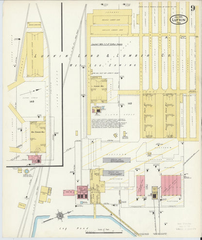 Sanborn Fire Insurance Map from Lufkin, Angelina County, Texas (1915), Sheet #0009 - Historic Sanborn Fire Insurance Map Print, vintage old map wall art, antique decor, genealogy gift, Texas Texas map