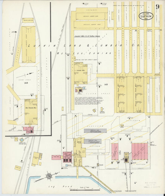 Sanborn Fire Insurance Map from Lufkin, Angelina County, Texas (1915), Sheet #0009 - Historic Sanborn Fire Insurance Map Print, vintage old map wall art, antique decor, genealogy gift, Texas Texas map