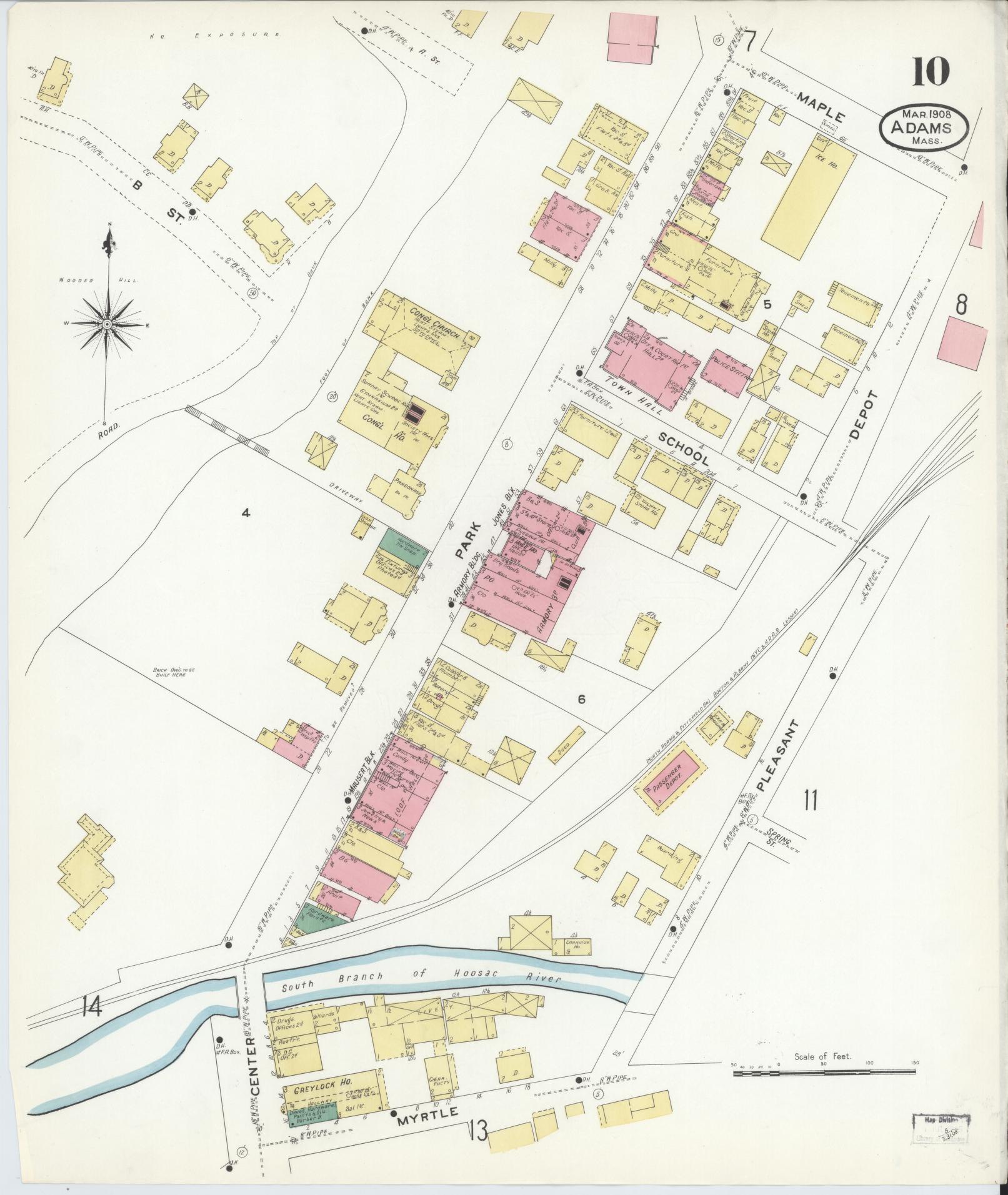 Sanborn Fire Insurance Map from Adams, Berkshire County, Massachusetts (1908), Sheet #0010 - Complete Map Set gallery image, historic Sanborn map, vintage wall art, Massachusetts Massachusetts