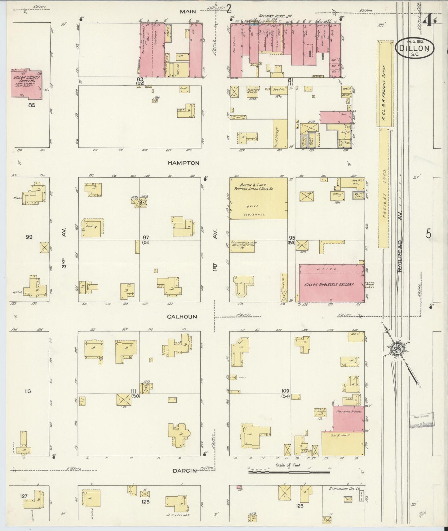 Sanborn Fire Insurance Map from Dillon, Dillon County, South Carolina (1913), Sheet #0004 - Complete Map Set gallery image, historic Sanborn map, vintage wall art, South Carolina South Carolina