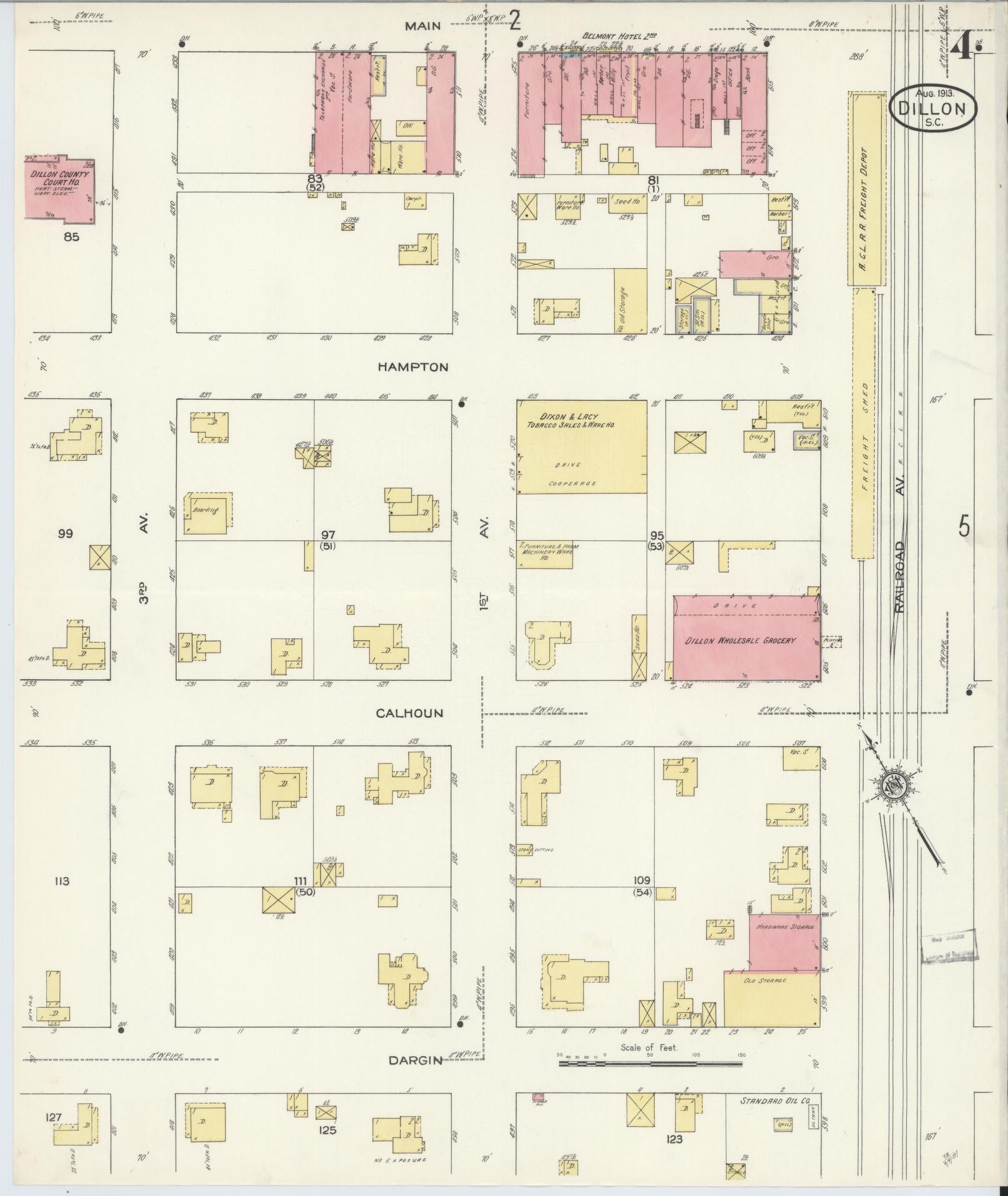 Sanborn Fire Insurance Map from Dillon, Dillon County, South Carolina (1913), Sheet #0004 - Complete Map Set gallery image, historic Sanborn map, vintage wall art, South Carolina South Carolina