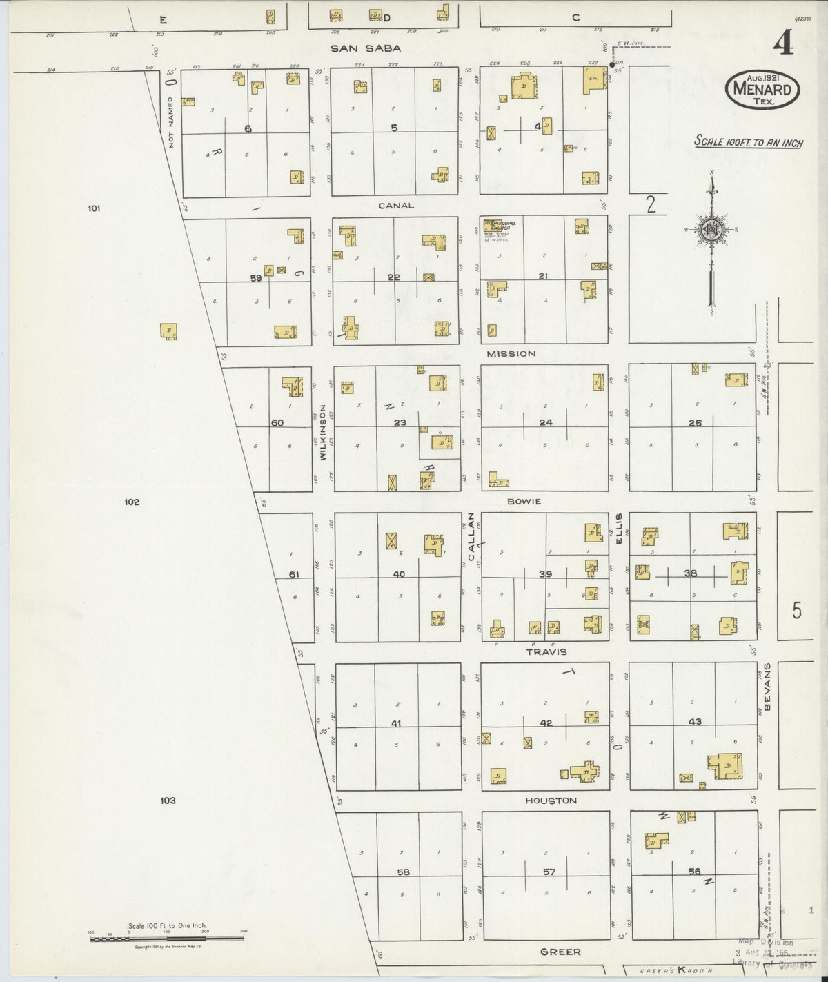 Sanborn Fire Insurance Map from Menard, Menard County, Texas (1921), Sheet #0004 - Historic Sanborn Fire Insurance Map Print, vintage old map wall art, antique decor, genealogy gift, Texas Texas map