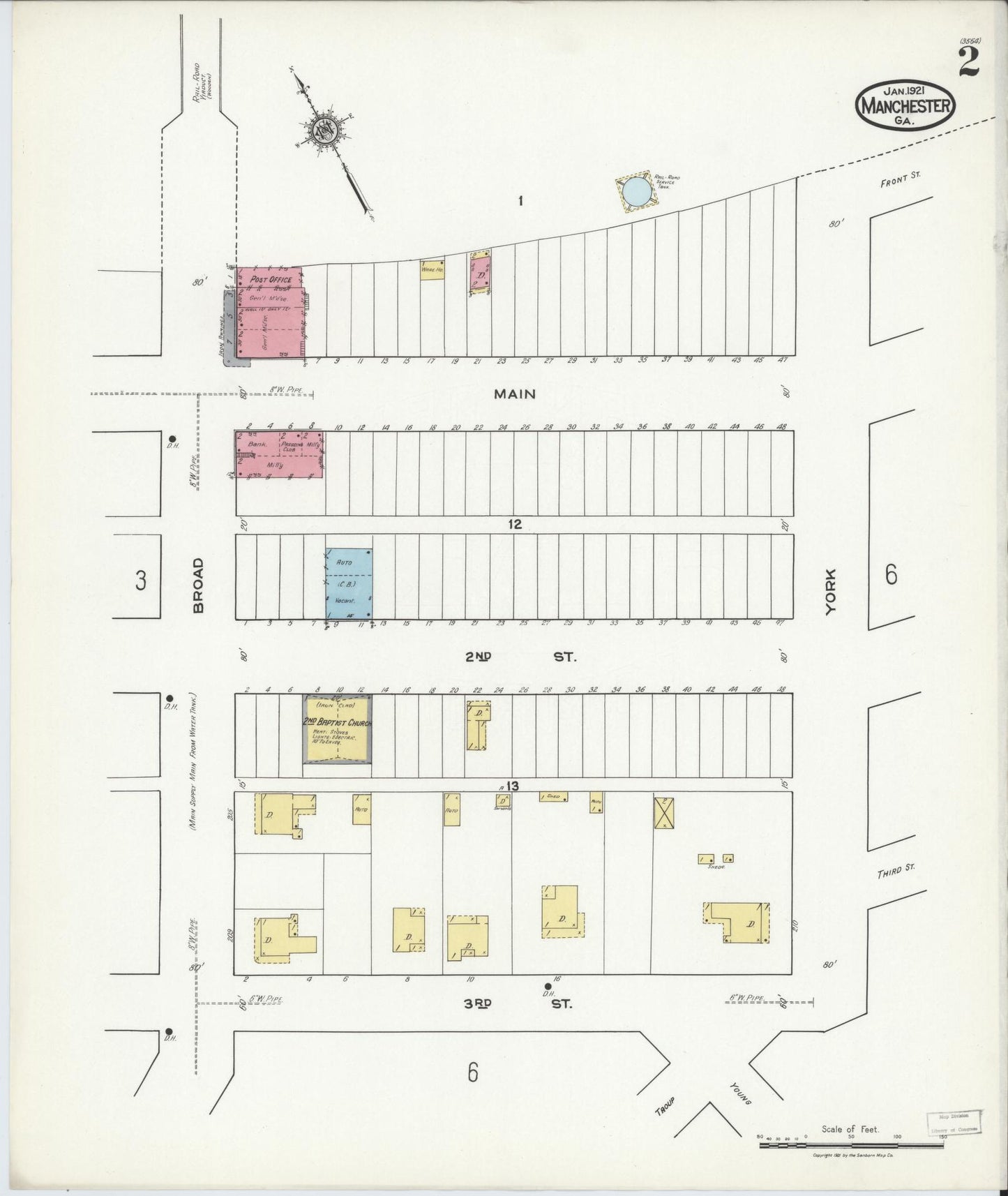 Sanborn Fire Insurance Map from Manchester, Meriweather County, Georgia (1921), Sheet #0002 - Complete Map Set gallery image, historic Sanborn map, vintage wall art, Georgia Georgia