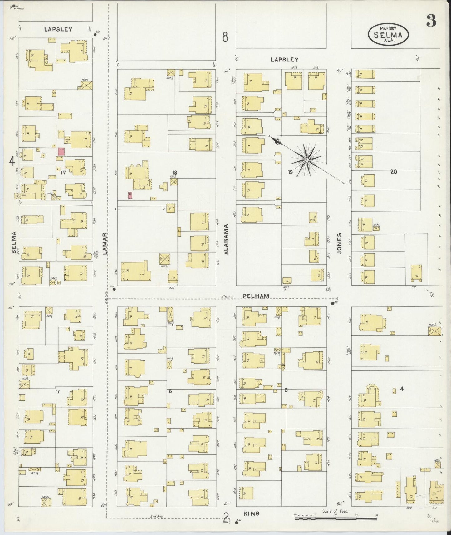 Sanborn Fire Insurance Map from Selma, Dallas County, Alabama (1907), Sheet #0003 - Historic Sanborn Fire Insurance Map Print, vintage old map wall art, antique decor, genealogy gift, Alabama Alabama map