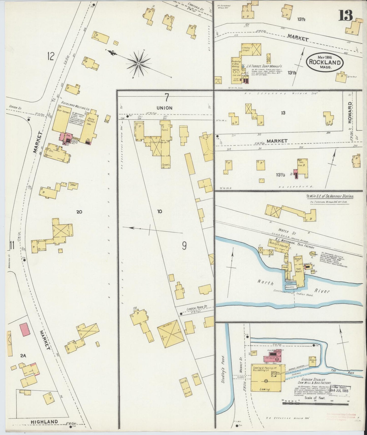 Sanborn Fire Insurance Map from Rockland, Plymouth County, Massachusetts (1906), Sheet #0013 - Complete Map Set gallery image, historic Sanborn map, vintage wall art, Massachusetts Massachusetts