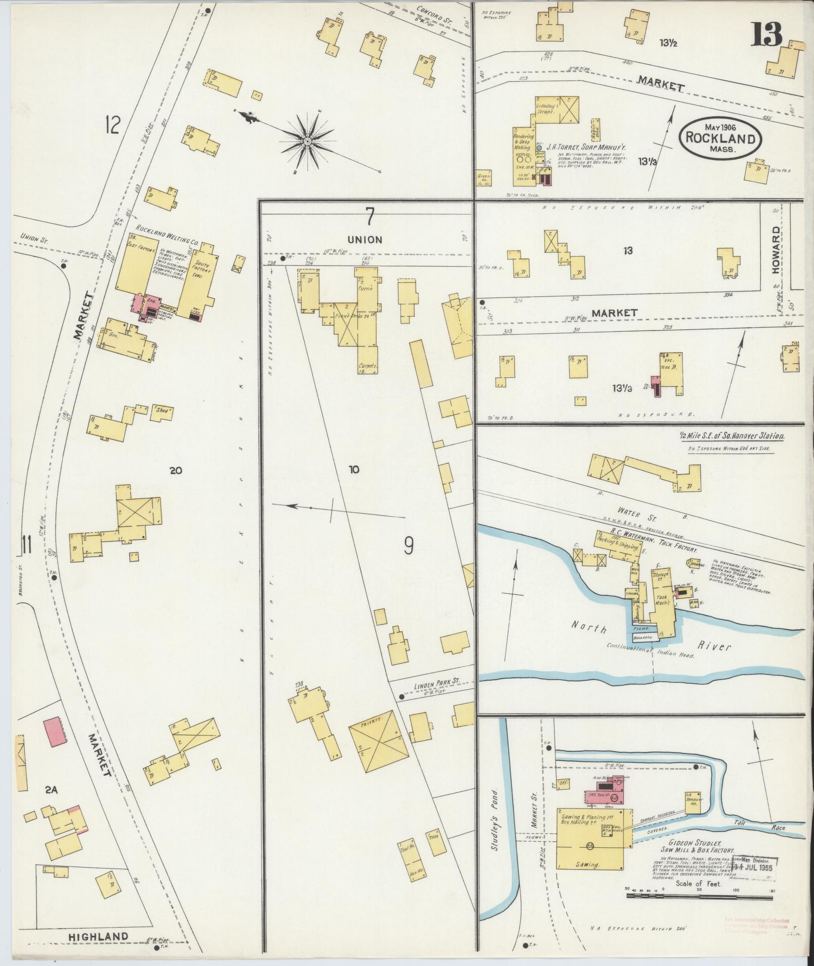 Sanborn Fire Insurance Map from Rockland, Plymouth County, Massachusetts (1906), Sheet #0013 - Complete Map Set gallery image, historic Sanborn map, vintage wall art, Massachusetts Massachusetts