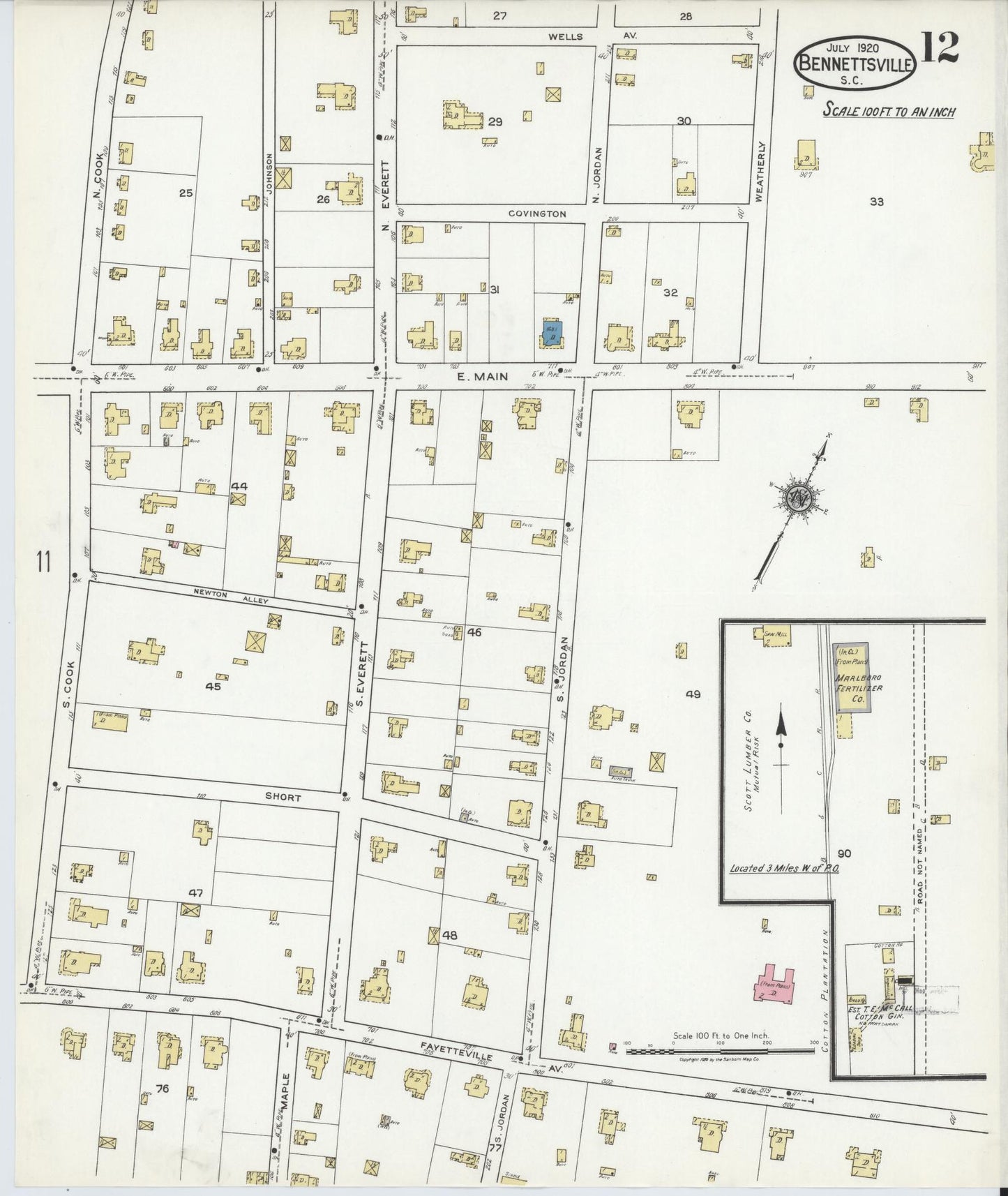 Sanborn Fire Insurance Map from Bennettsville, Marlboro County, South Carolina (1920), Sheet #0012 - Historic Sanborn Fire Insurance Map Print, vintage old map wall art, antique decor, genealogy gift, South Carolina South Carolina map