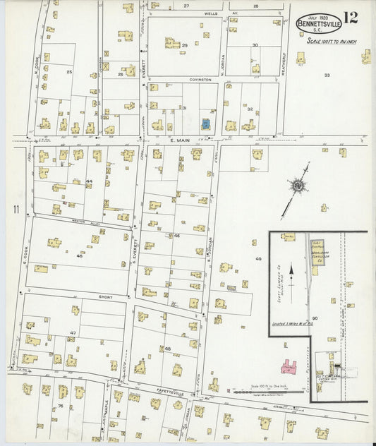 Sanborn Fire Insurance Map from Bennettsville, Marlboro County, South Carolina (1920), Sheet #0012 - Historic Sanborn Fire Insurance Map Print, vintage old map wall art, antique decor, genealogy gift, South Carolina South Carolina map