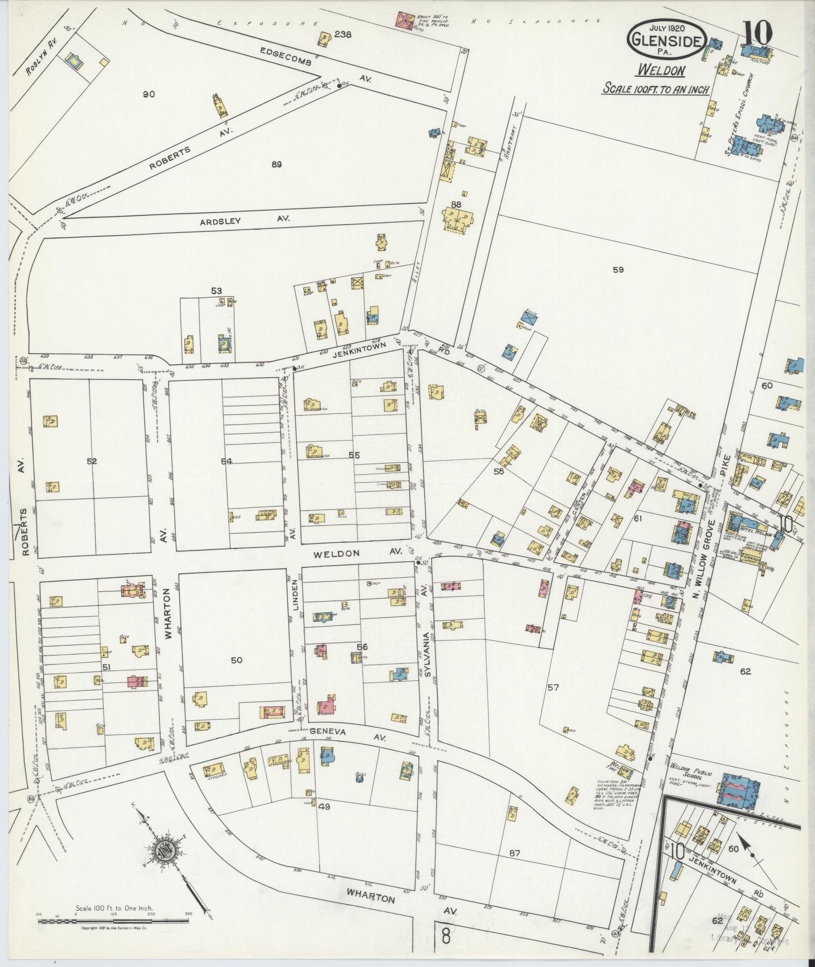 Sanborn Fire Insurance Map from Glenside, Montgomery County, Pennsylvania (1920), Sheet #0010 - Historic Sanborn Fire Insurance Map Print, vintage old map wall art, antique decor, genealogy gift, Pennsylvania Pennsylvania map