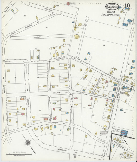 Sanborn Fire Insurance Map from Glenside, Montgomery County, Pennsylvania (1920), Sheet #0010 - Historic Sanborn Fire Insurance Map Print, vintage old map wall art, antique decor, genealogy gift, Pennsylvania Pennsylvania map
