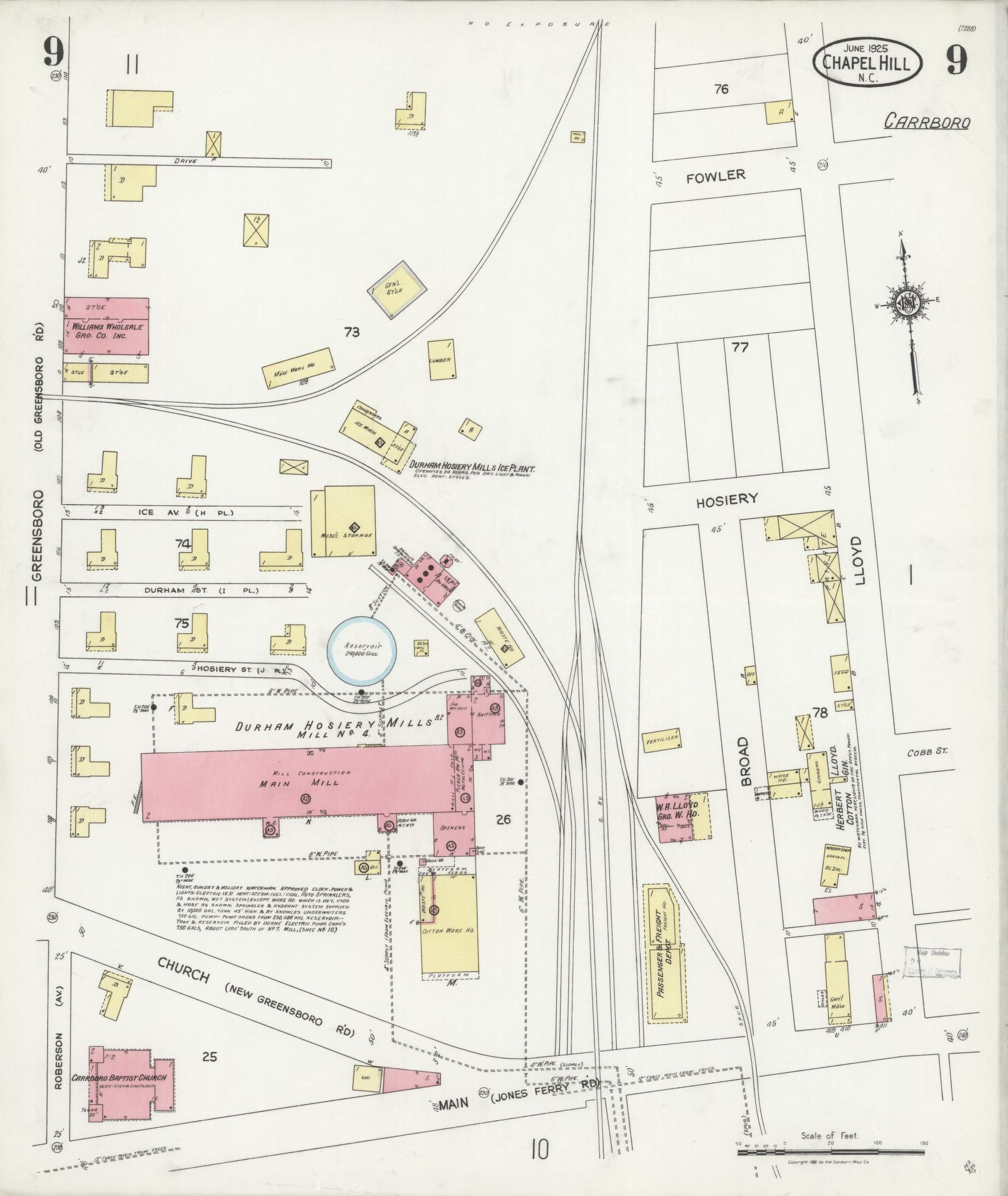 Sanborn Fire Insurance Map from Chapel Hill, Orange County, North Carolina (1925), Sheet #0009 - Historic Sanborn Fire Insurance Map Print, vintage old map wall art, antique decor, genealogy gift, North Carolina North Carolina map