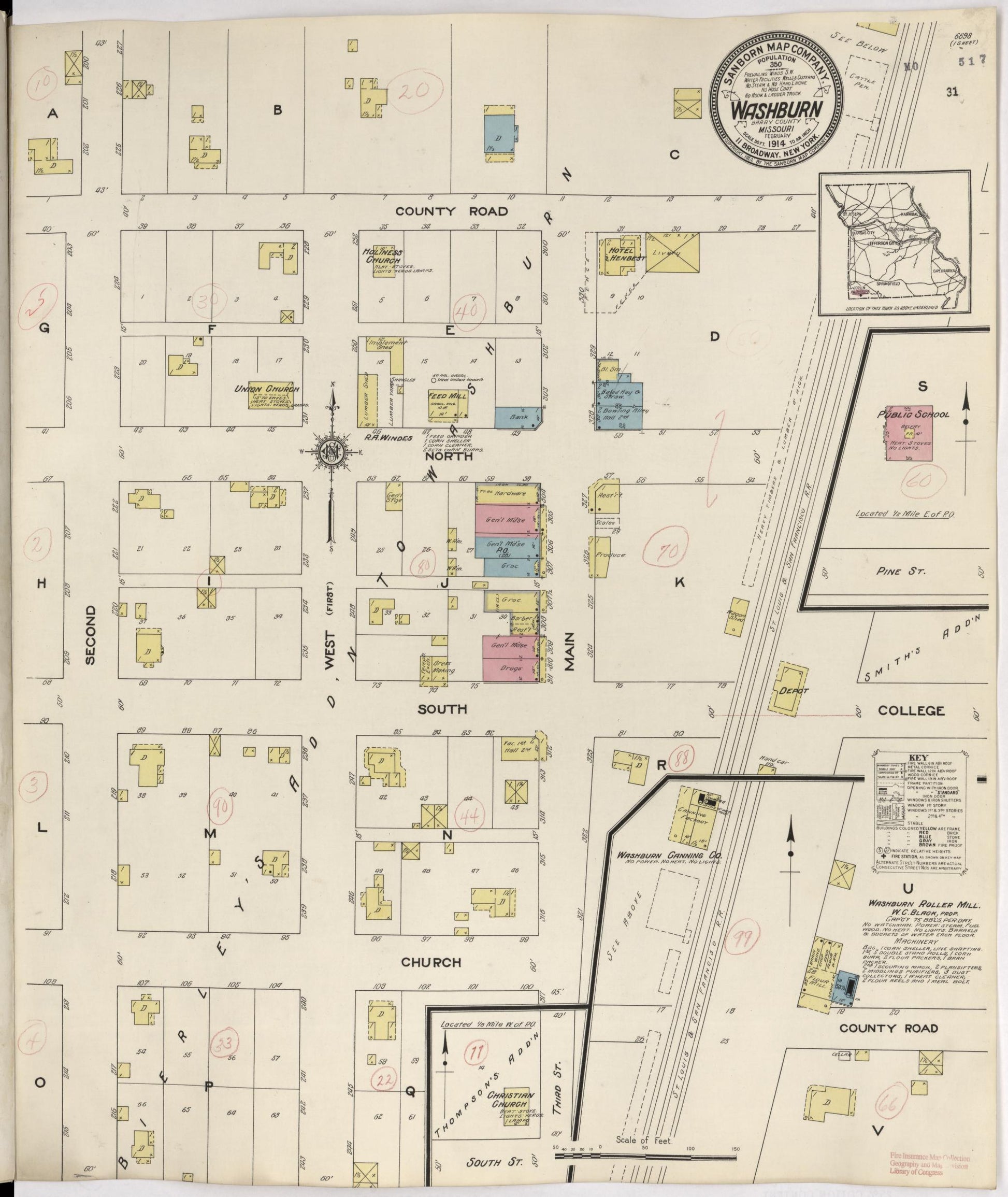Sanborn Fire Insurance Map from Washburn, Barry County, Missouri (1914), Sheet #0001 - Historic Sanborn Fire Insurance Map Print, vintage old map wall art, antique decor, genealogy gift, Missouri Missouri map