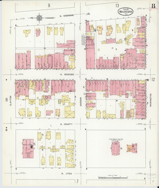 Sanborn Fire Insurance Map from Waukegan, Lake County, Illinois (1912), Sheet #0008 - Historic Sanborn Fire Insurance Map Print, vintage old map wall art, antique decor, genealogy gift, Illinois Illinois map
