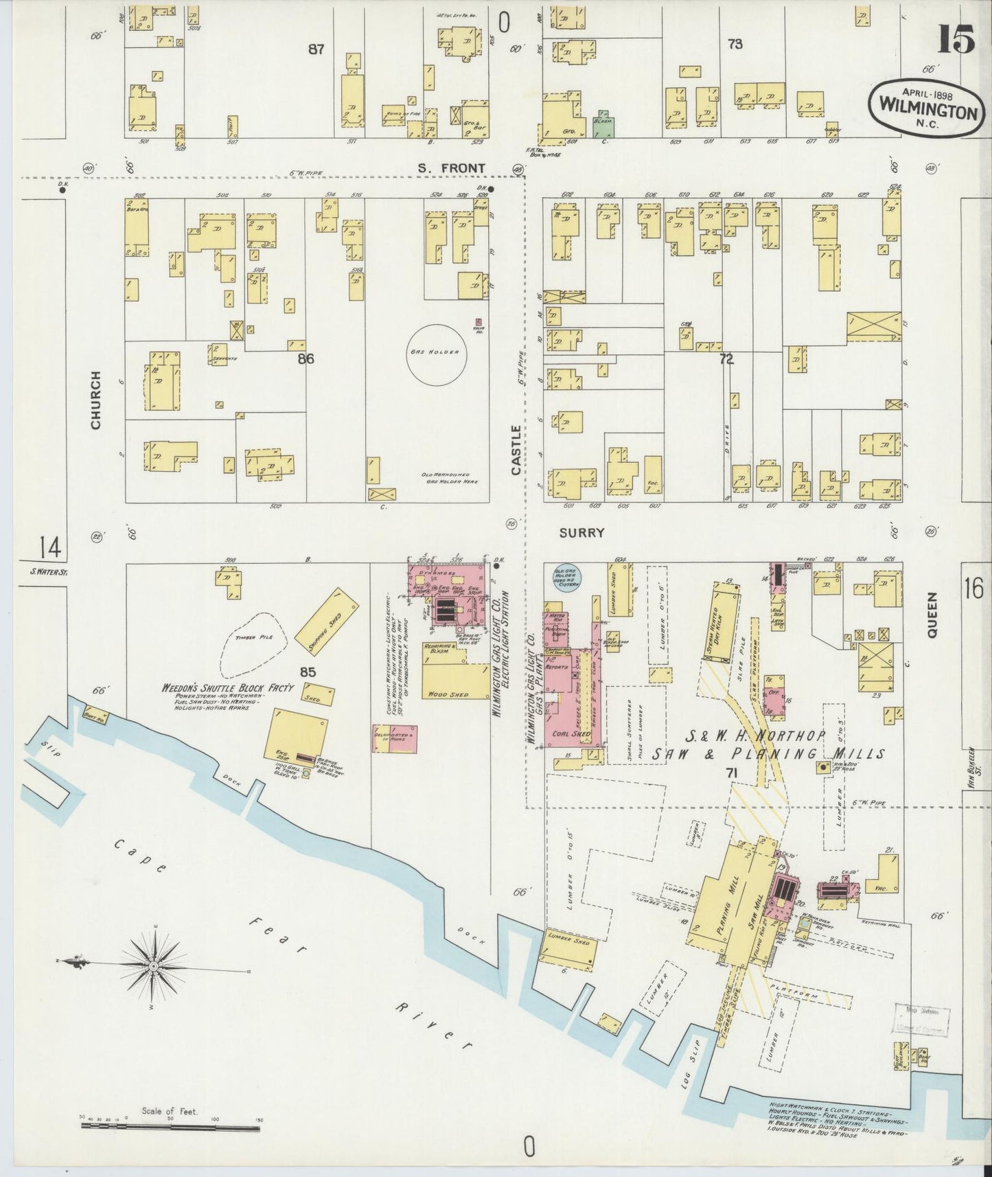 Sanborn Fire Insurance Map from Wilmington, New Hanover County, North Carolina (1898), Sheet #0015 - Historic Sanborn Fire Insurance Map Print, vintage old map wall art, antique decor, genealogy gift, North Carolina North Carolina map