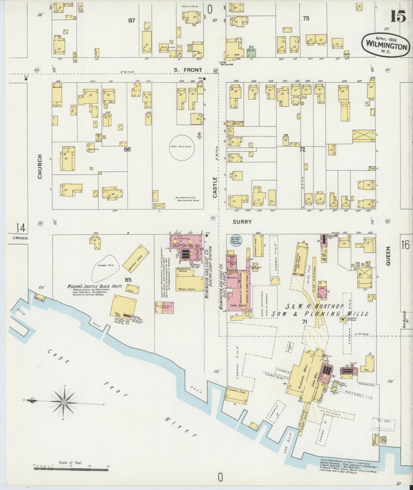 Sanborn Fire Insurance Map from Wilmington, New Hanover County, North Carolina (1898), Sheet #0015 - Historic Sanborn Fire Insurance Map Print, vintage old map wall art, antique decor, genealogy gift, North Carolina North Carolina map
