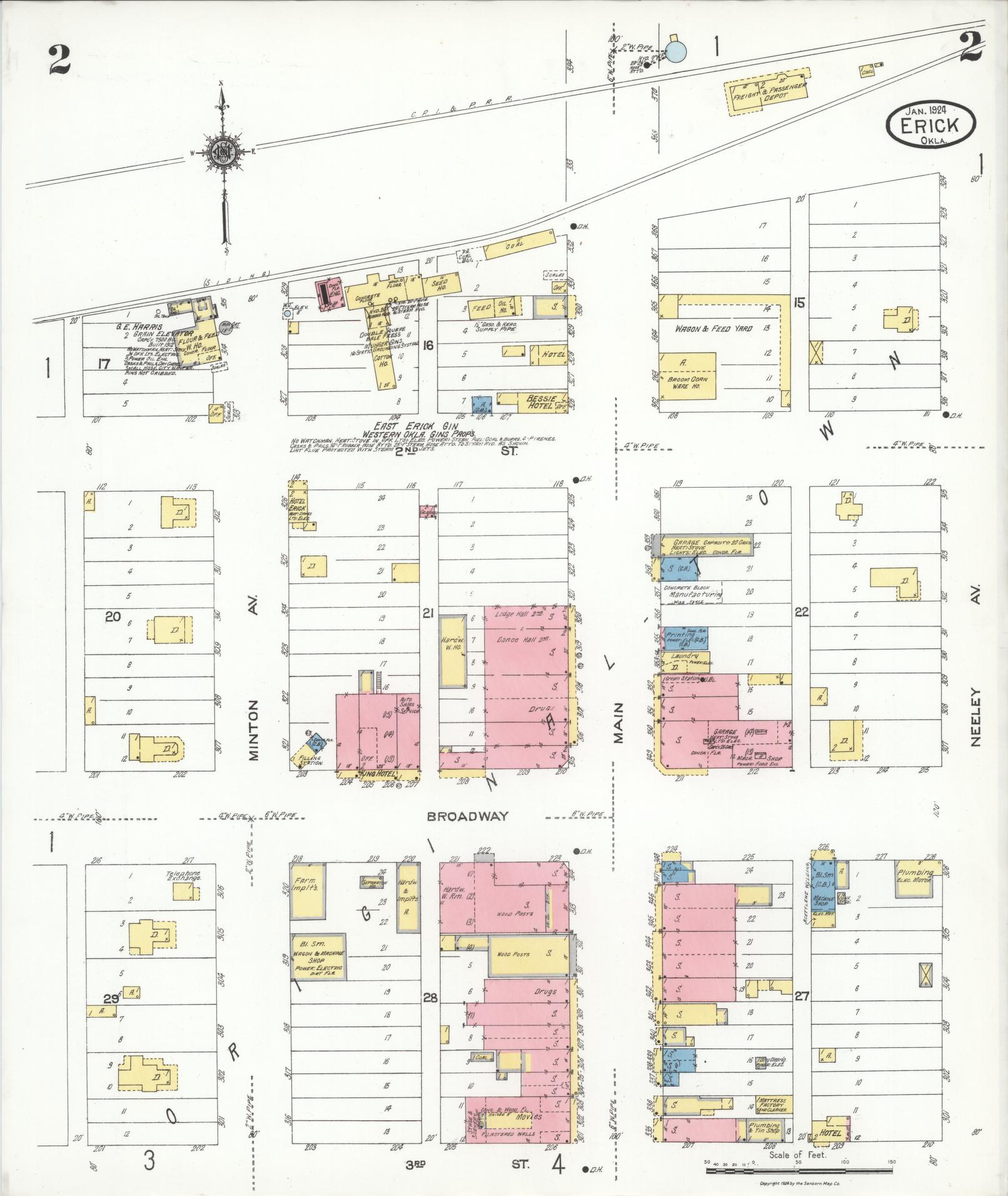 Sanborn Fire Insurance Map from Erick, Beckham County, Oklahoma (1924), Sheet #0002 - Historic Sanborn Fire Insurance Map Print, vintage old map wall art, antique decor, genealogy gift, Oklahoma Oklahoma map