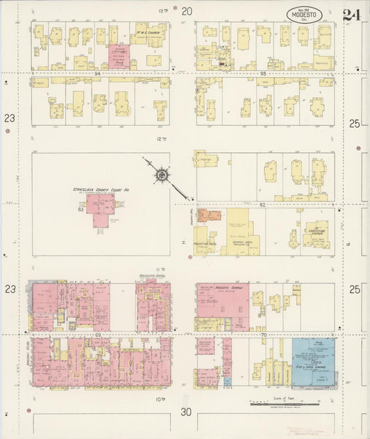 Sanborn Fire Insurance Map from Modesto, Stanislaus County, California (1919), Sheet #0024 - Historic Sanborn Fire Insurance Map Print, vintage old map wall art, antique decor, genealogy gift, California California map