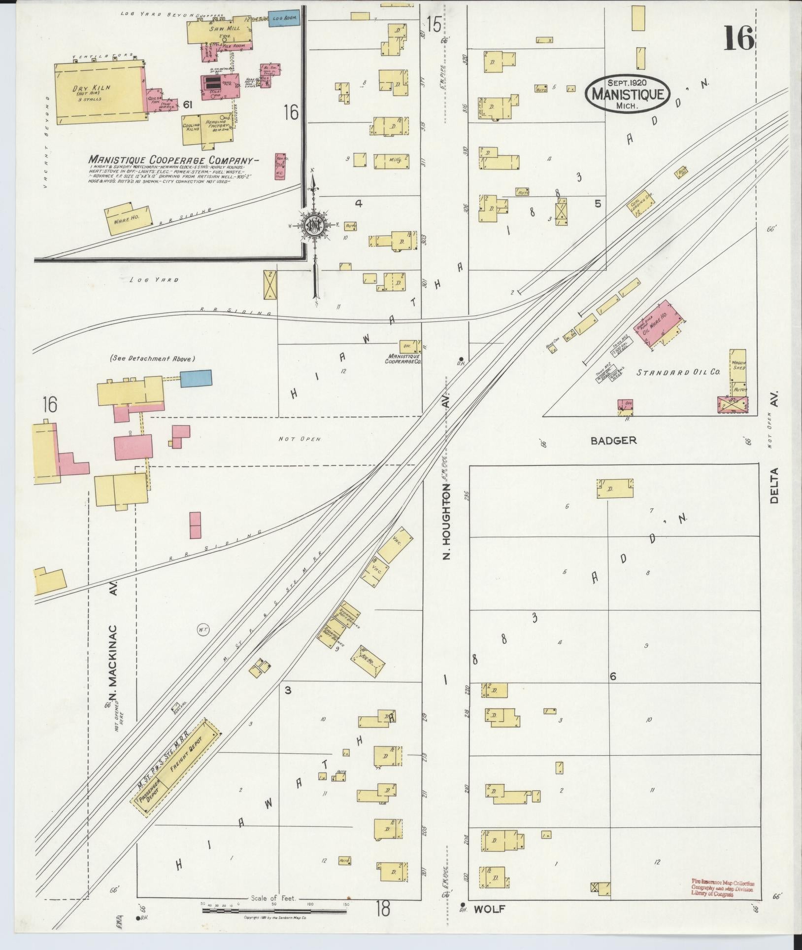 Sanborn Fire Insurance Map from Manistique, Schoolcraft County, Michigan (1920), Sheet #0016 - Complete Map Set gallery image, historic Sanborn map, vintage wall art, Michigan Michigan