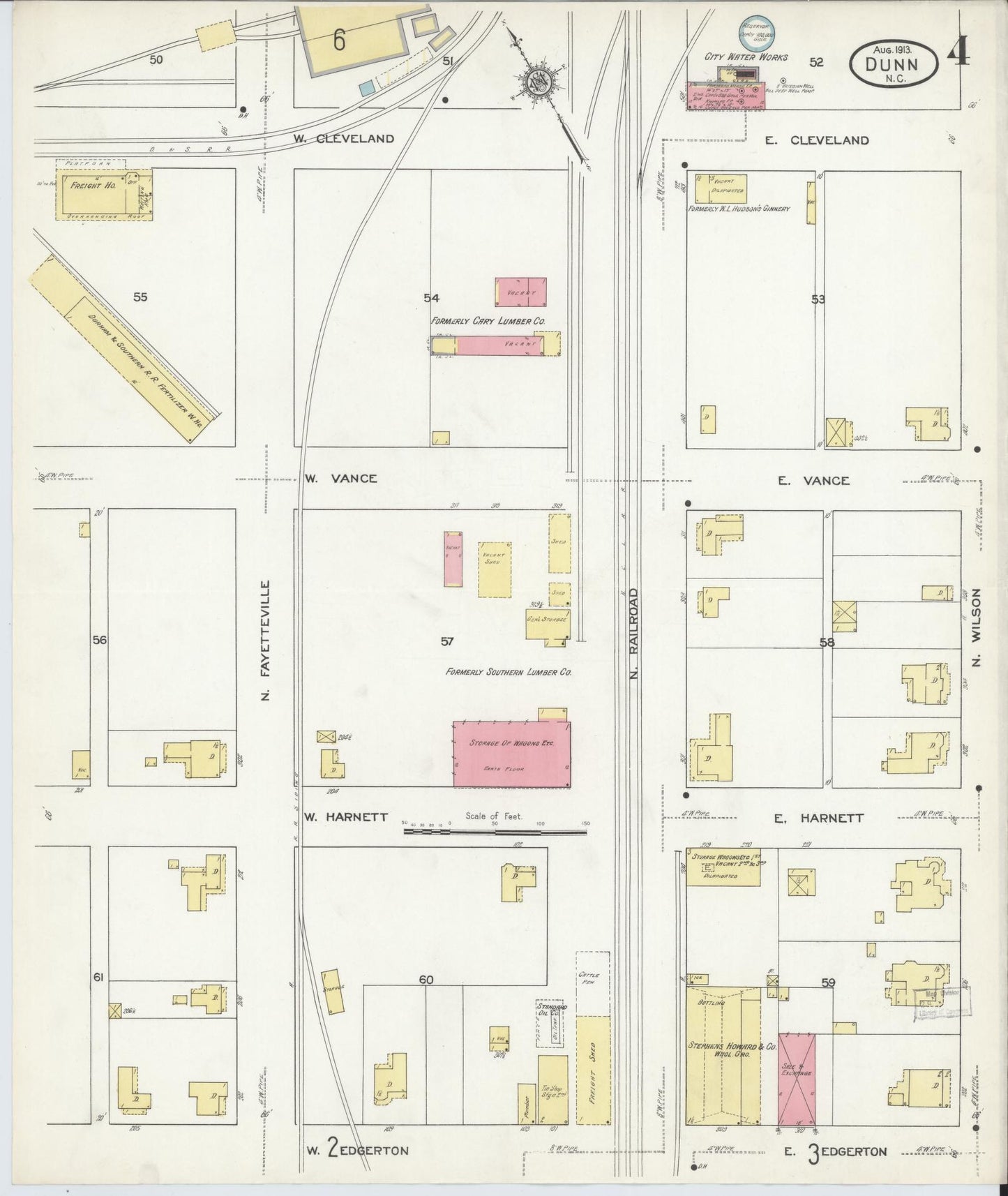 Sanborn Fire Insurance Map from Dunn, Harnett County, North Carolina (1913), Sheet #0004 - Historic Sanborn Fire Insurance Map Print, vintage old map wall art, antique decor, genealogy gift, North Carolina North Carolina map