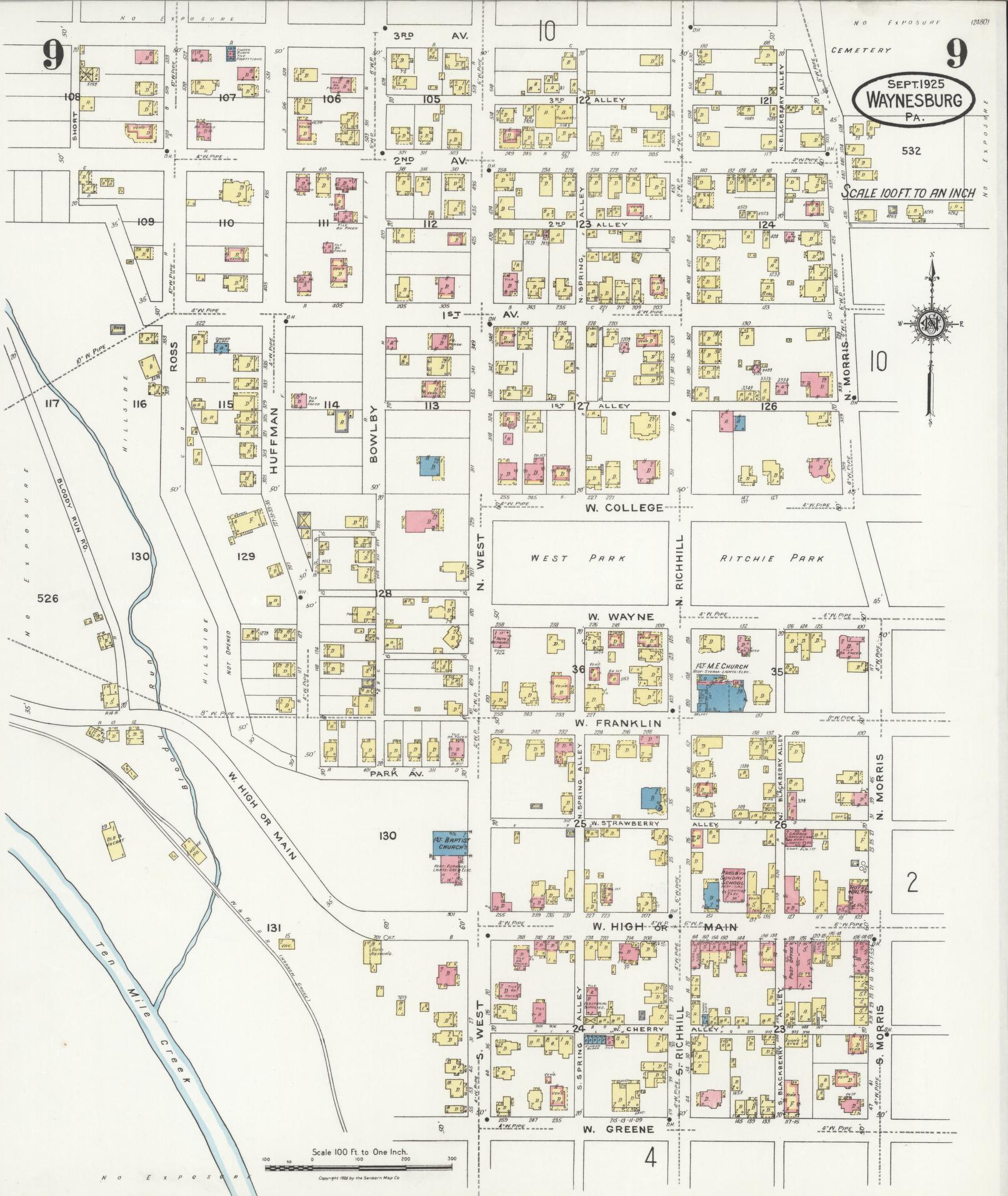 Sanborn Fire Insurance Map from Waynesburg, Greene County, Pennsylvania (1925), Sheet #0009 - Complete Map Set gallery image, historic Sanborn map, vintage wall art, Pennsylvania Pennsylvania