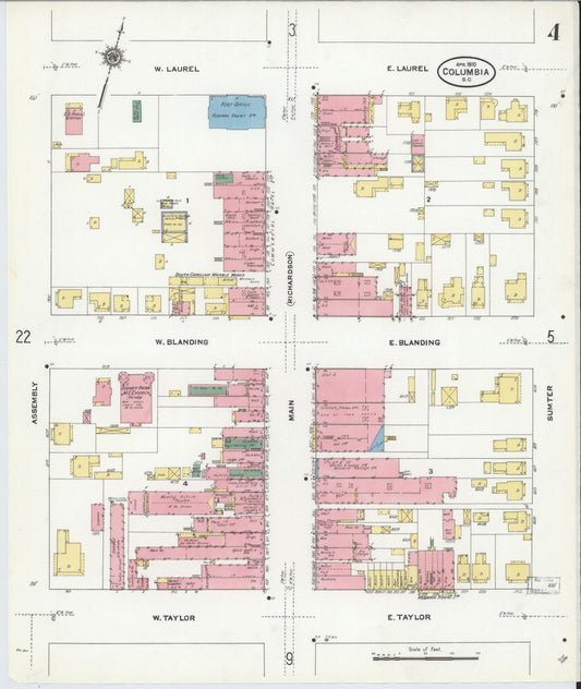 Sanborn Fire Insurance Map from Columbia, Richland County, South Carolina (1910), Sheet #0004 - Historic Sanborn Fire Insurance Map Print, vintage old map wall art, antique decor, genealogy gift, South Carolina South Carolina map
