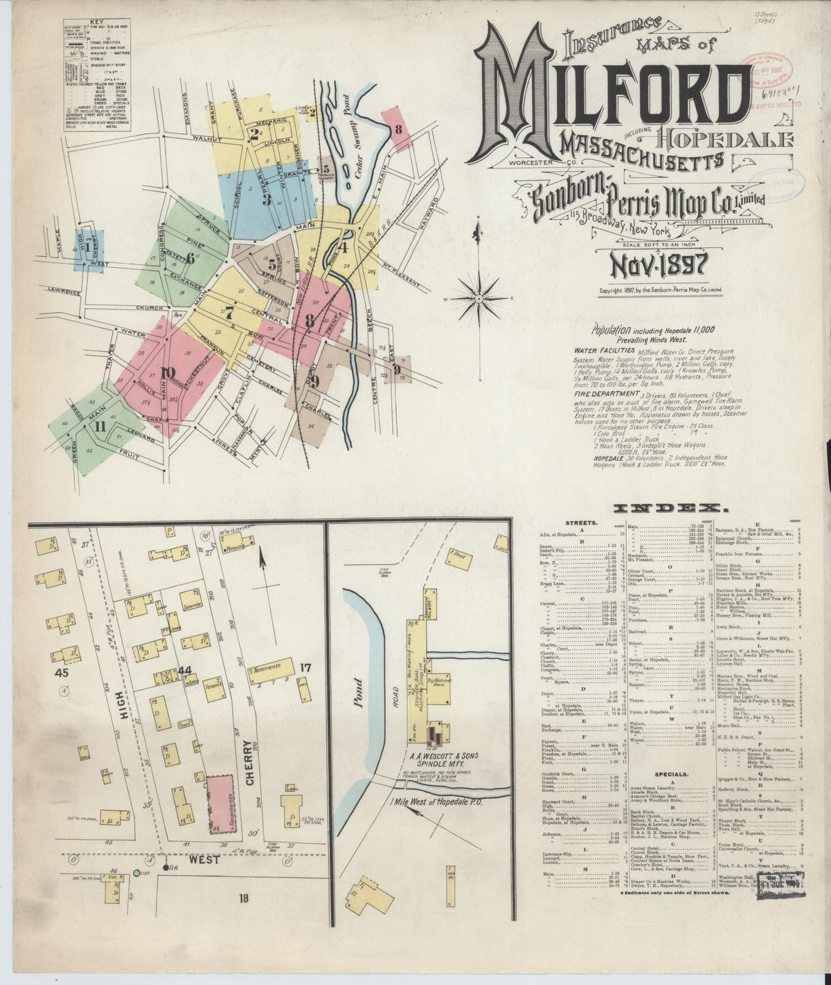 Sanborn Fire Insurance Map from Milford, Worcester County, Massachusetts (1897), Sheet #0001 - Historic Sanborn Fire Insurance Map Print, vintage old map wall art, antique decor, genealogy gift, Massachusetts Massachusetts map