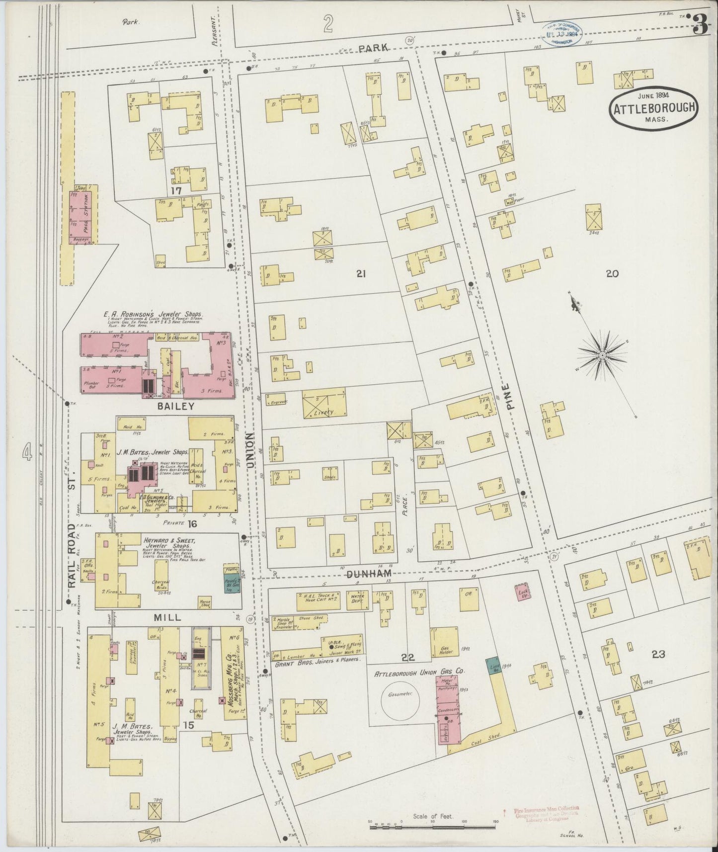 Sanborn Fire Insurance Map from Attleboro, Bristol County, Massachusetts (1894), Sheet #0003 - Complete Map Set gallery image, historic Sanborn map, vintage wall art, Massachusetts Massachusetts