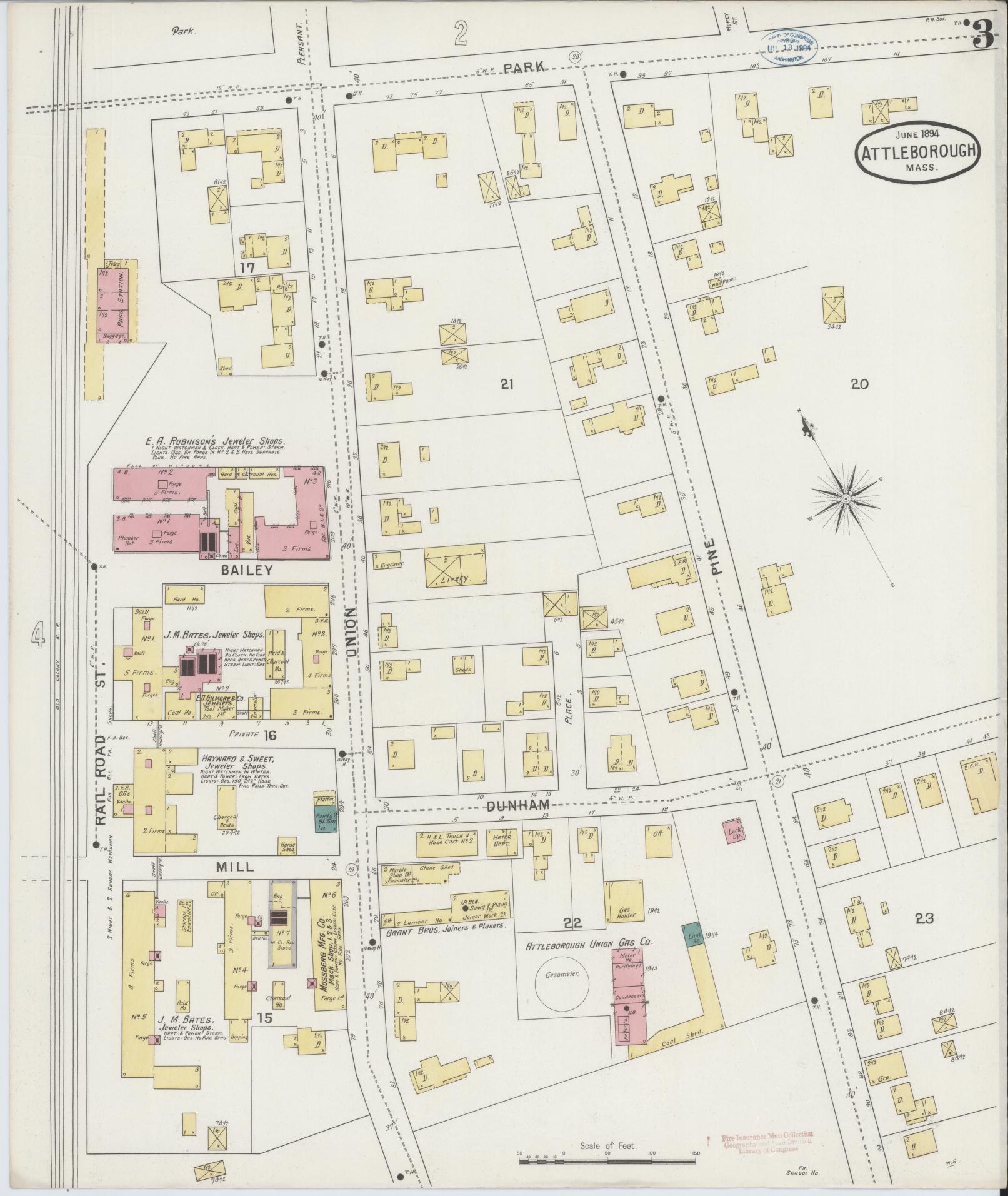 Sanborn Fire Insurance Map from Attleboro, Bristol County, Massachusetts (1894), Sheet #0003 - Complete Map Set gallery image, historic Sanborn map, vintage wall art, Massachusetts Massachusetts