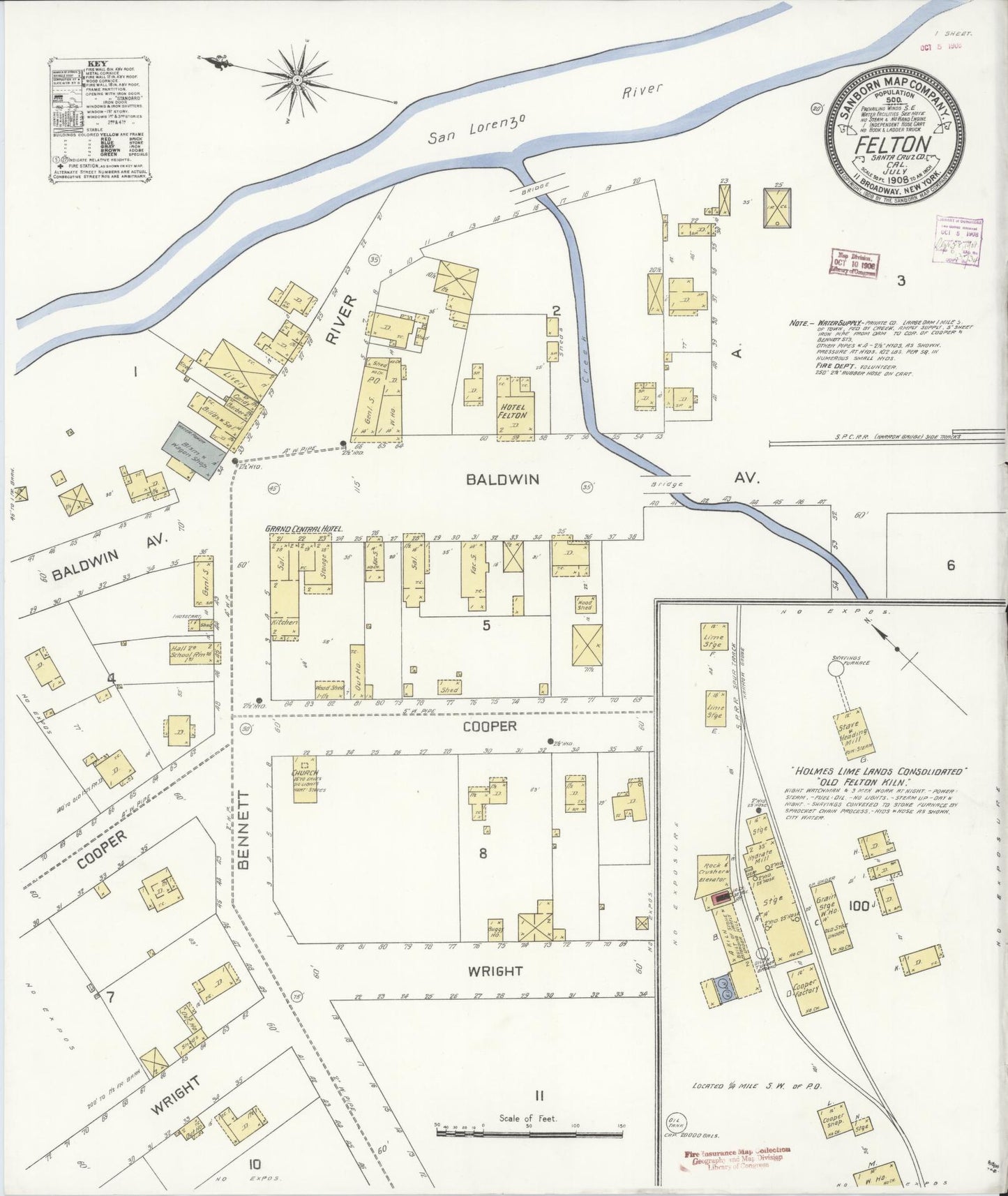 Sanborn Fire Insurance Map from Felton, Santa Cruz County, California (1908), Sheet #0001 - Historic Sanborn Fire Insurance Map Print, vintage old map wall art, antique decor, genealogy gift, California California map