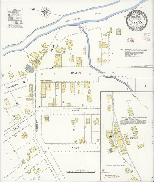 Sanborn Fire Insurance Map from Felton, Santa Cruz County, California (1908), Sheet #0001 - Historic Sanborn Fire Insurance Map Print, vintage old map wall art, antique decor, genealogy gift, California California map