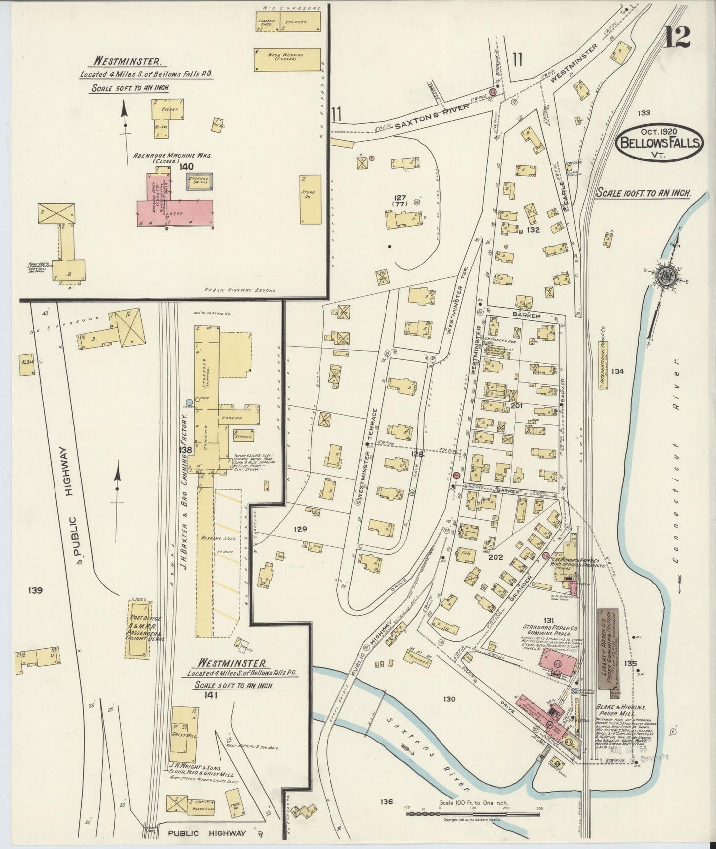 Sanborn Fire Insurance Map from Bellows Falls, Windham County, Vermont (1920), Sheet #0012 - Complete Map Set gallery image, historic Sanborn map, vintage wall art, Vermont Vermont