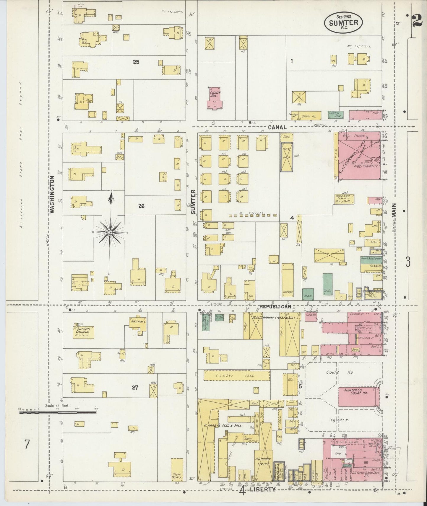 Sanborn Fire Insurance Map from Sumter, Sumter County, South Carolina (1902), Sheet #0002 - Historic Sanborn Fire Insurance Map Print, vintage old map wall art, antique decor, genealogy gift, South Carolina South Carolina map