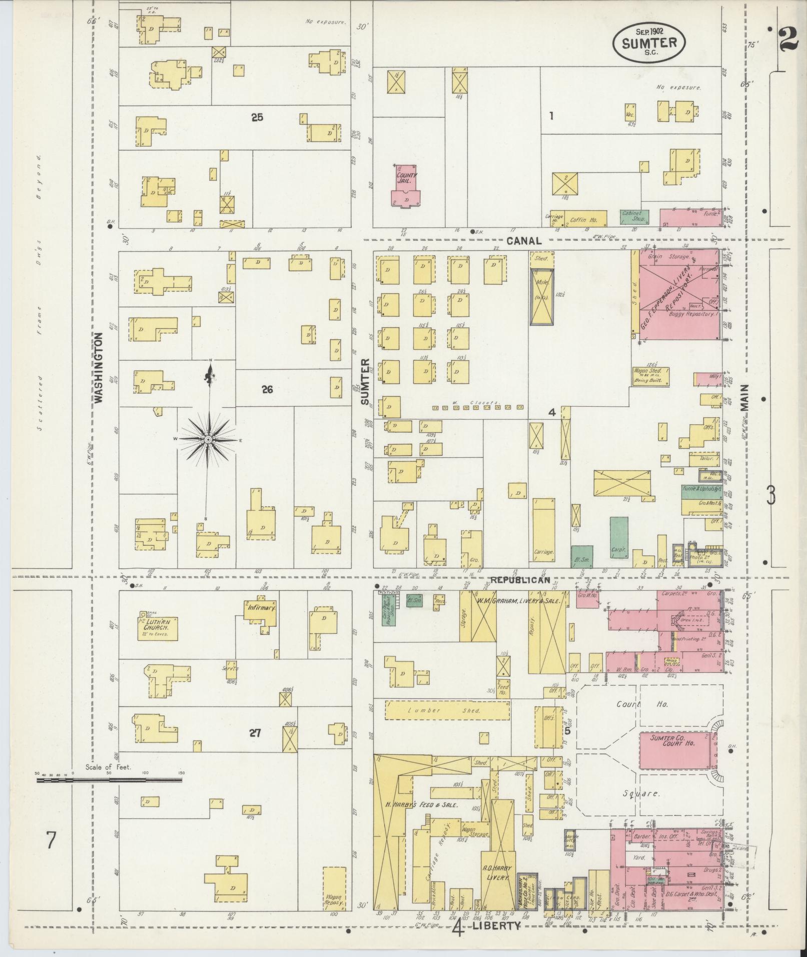 Sanborn Fire Insurance Map from Sumter, Sumter County, South Carolina (1902), Sheet #0002 - Historic Sanborn Fire Insurance Map Print, vintage old map wall art, antique decor, genealogy gift, South Carolina South Carolina map