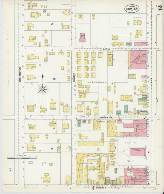 Sanborn Fire Insurance Map from Sumter, Sumter County, South Carolina (1902), Sheet #0002 - Historic Sanborn Fire Insurance Map Print, vintage old map wall art, antique decor, genealogy gift, South Carolina South Carolina map