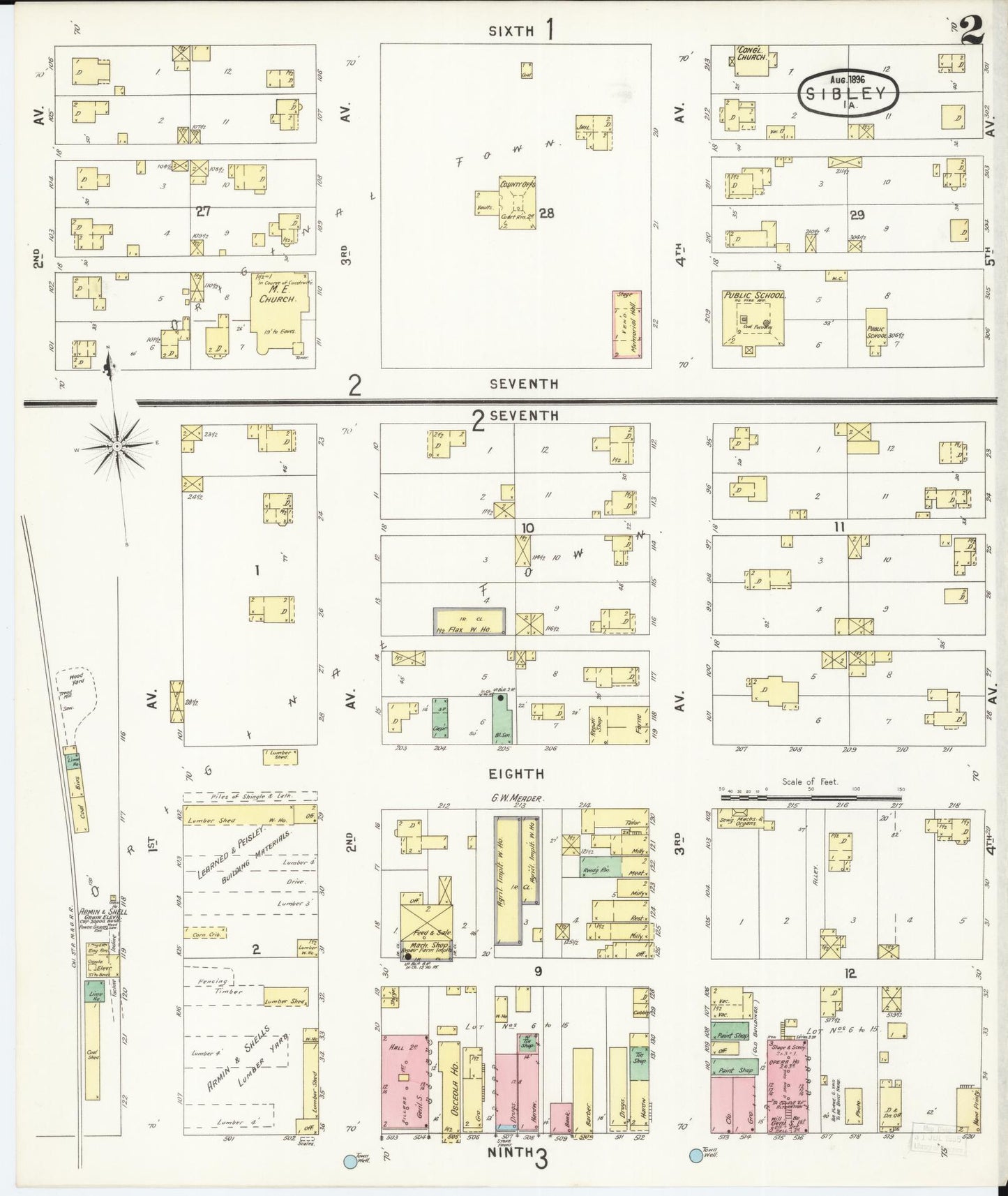 Sanborn Fire Insurance Map from Sibley, Osceola County, Iowa (1896), Sheet #0002 - Historic Sanborn Fire Insurance Map Print, vintage old map wall art