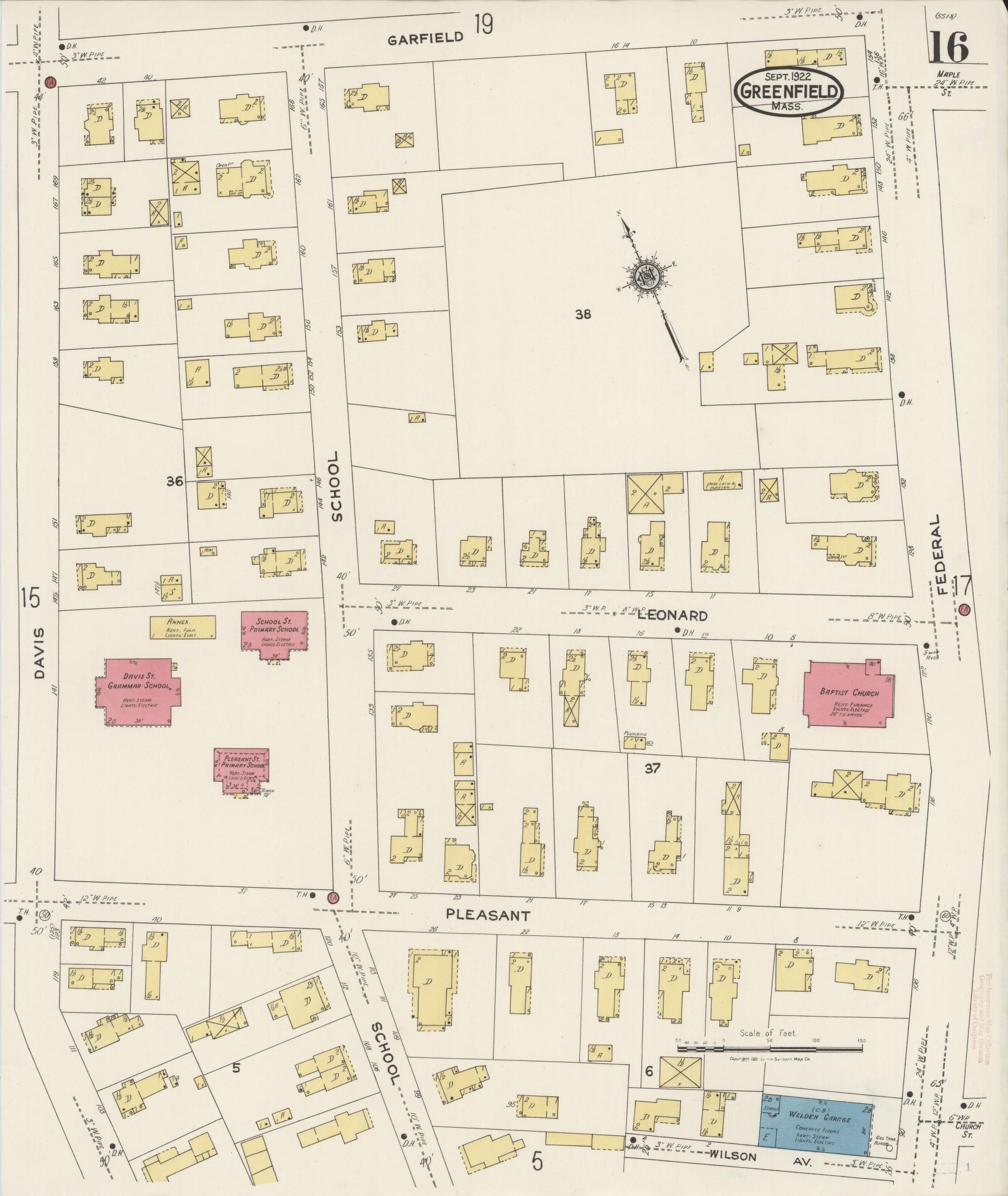 Sanborn Fire Insurance Map from Greenfield, Franklin County, Massachusetts (1922), Sheet #0016 - Historic Sanborn Fire Insurance Map Print, vintage old map wall art, antique decor, genealogy gift, Massachusetts Massachusetts map