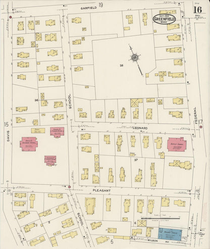 Sanborn Fire Insurance Map from Greenfield, Franklin County, Massachusetts (1922), Sheet #0016 - Historic Sanborn Fire Insurance Map Print, vintage old map wall art, antique decor, genealogy gift, Massachusetts Massachusetts map