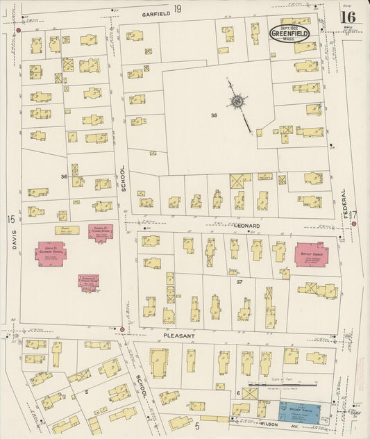 Sanborn Fire Insurance Map from Greenfield, Franklin County, Massachusetts (1922), Sheet #0016 - Historic Sanborn Fire Insurance Map Print, vintage old map wall art, antique decor, genealogy gift, Massachusetts Massachusetts map