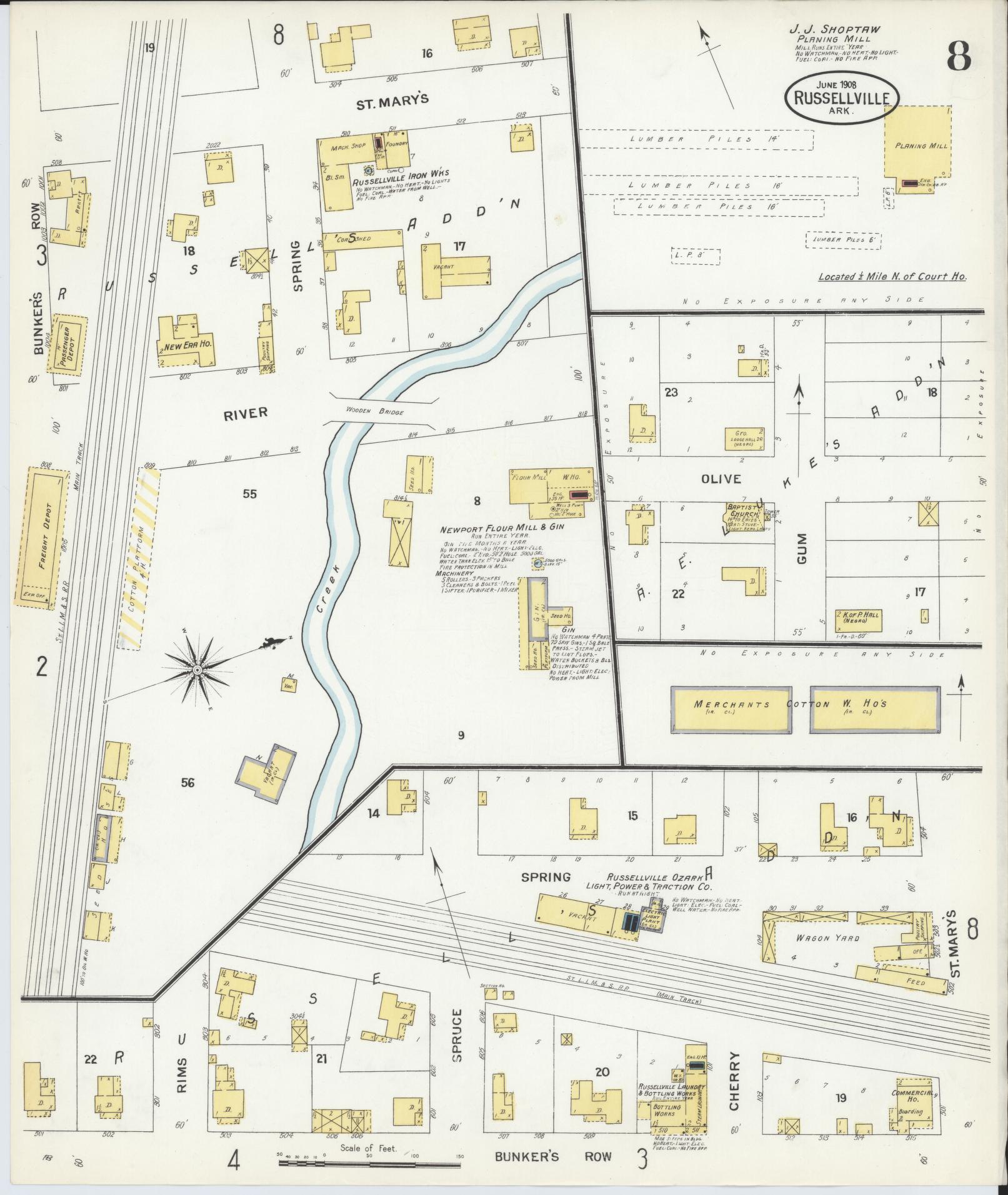 Sanborn Fire Insurance Map from Russellville, Pope County, Arkansas (1908), Sheet #0008 - Historic Sanborn Fire Insurance Map Print, vintage old map wall art, antique decor, genealogy gift, Arkansas Arkansas map