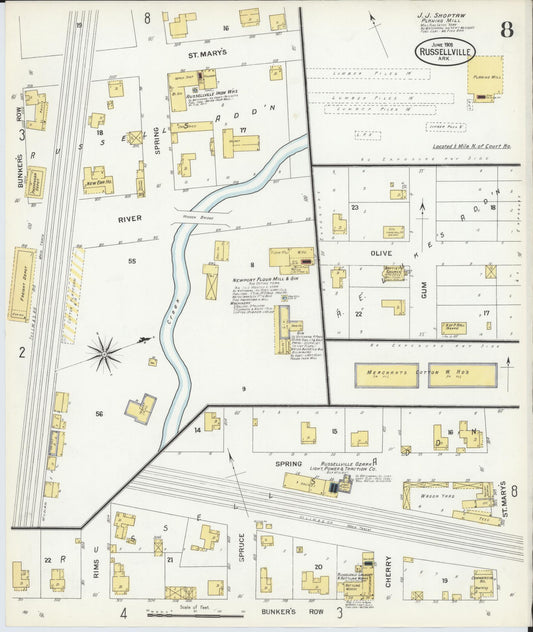 Sanborn Fire Insurance Map from Russellville, Pope County, Arkansas (1908), Sheet #0008 - Historic Sanborn Fire Insurance Map Print, vintage old map wall art, antique decor, genealogy gift, Arkansas Arkansas map