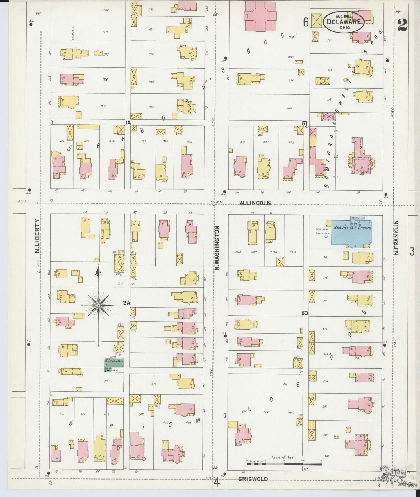 Sanborn Fire Insurance Map from Delaware, Delaware County, Ohio (1901), Sheet #0002 - Historic Sanborn Fire Insurance Map Print, vintage old map wall art, antique decor, genealogy gift, Sanborn Fire Insurance Map from Delaware Delaware map