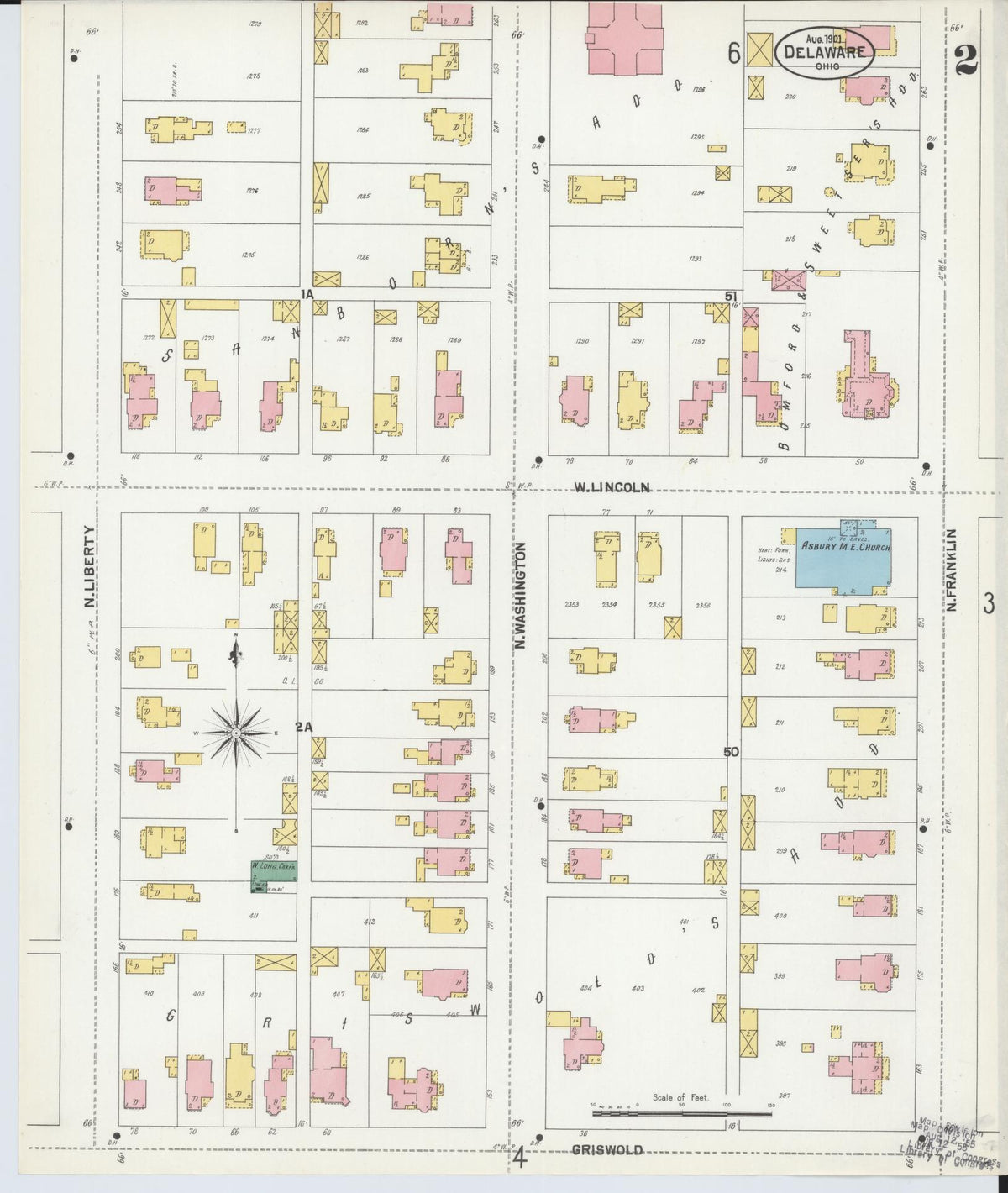 Sanborn Fire Insurance Map from Delaware, Delaware County, Ohio (1901), Sheet #0002 - Historic Sanborn Fire Insurance Map Print, vintage old map wall art, antique decor, genealogy gift, Sanborn Fire Insurance Map from Delaware Delaware map