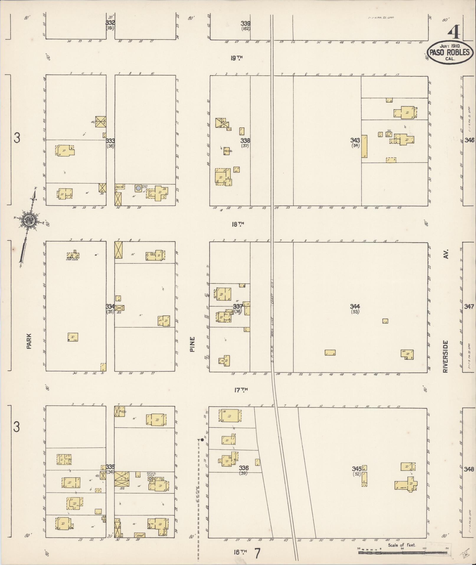 Sanborn Fire Insurance Map from Paso Robles, San Luis Obispo County, California (1910), Sheet #0004 - Complete Map Set gallery image, historic Sanborn map, vintage wall art, California California