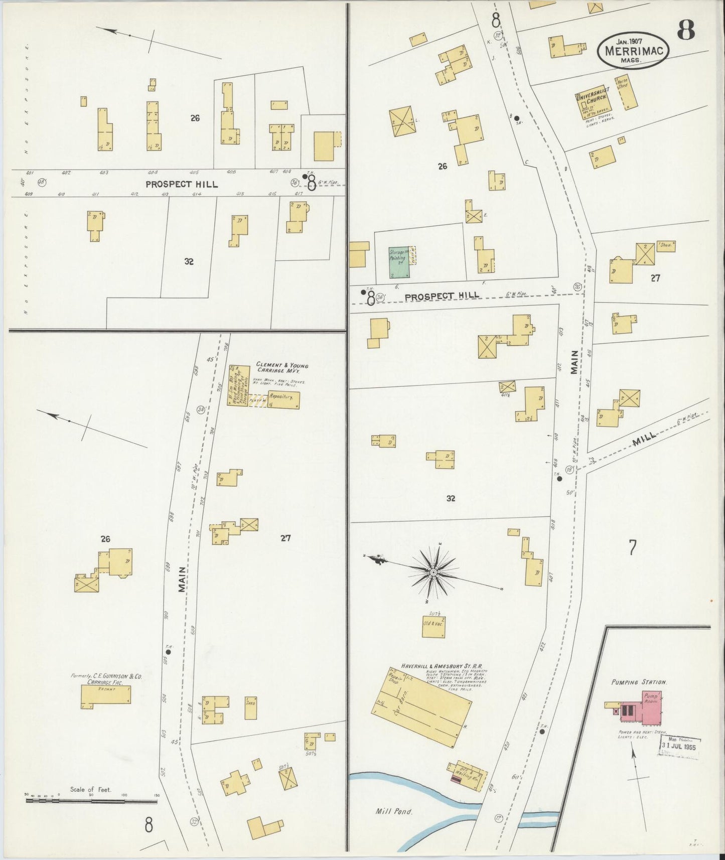 Sanborn Fire Insurance Map from Merrimac, Essex County, Massachusetts (1907), Sheet #0008 - Historic Sanborn Fire Insurance Map Print, vintage old map wall art, antique decor, genealogy gift, Massachusetts Massachusetts map