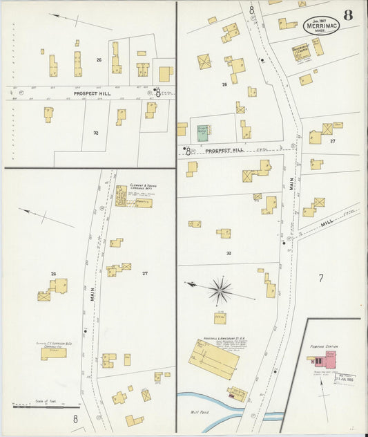Sanborn Fire Insurance Map from Merrimac, Essex County, Massachusetts (1907), Sheet #0008 - Historic Sanborn Fire Insurance Map Print, vintage old map wall art, antique decor, genealogy gift, Massachusetts Massachusetts map
